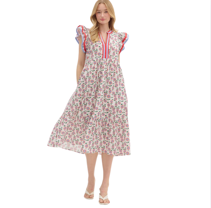 Floral Maxi V - NEck red/blue/grn