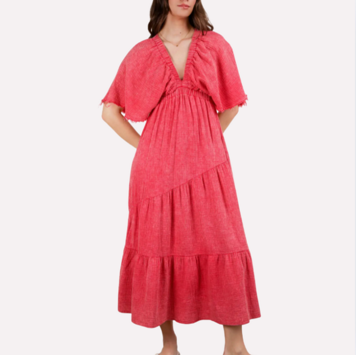 Textured V Neck Dress tomato