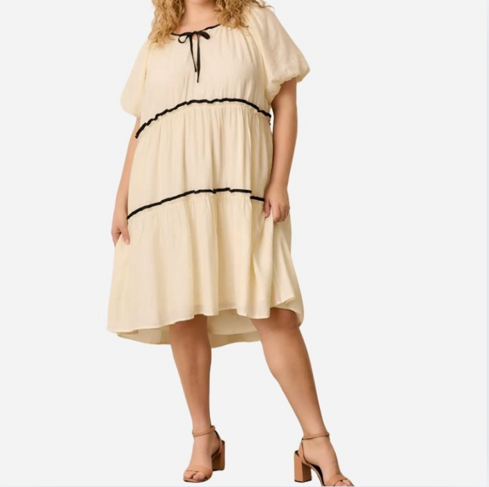 Ruffled Contrast Mini Dress ivory/black