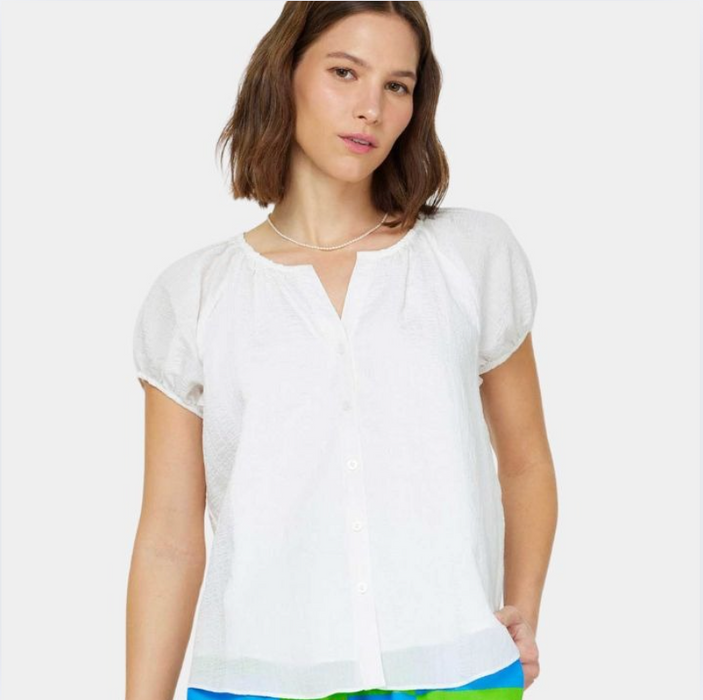 Gathered V- Neck Button Down Top White