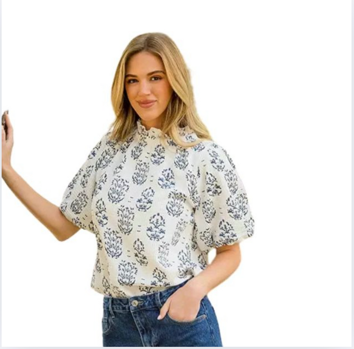 Puff Sleeve Textured Top Navy