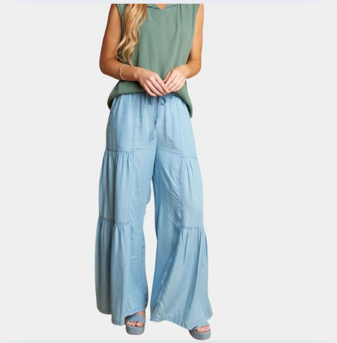 Lyocell Wide Leg Pants w/ Tiers Faded Denim