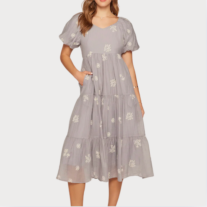 Embroidered Tier Dress dusty blue