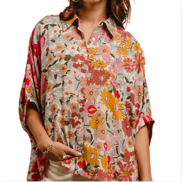 Floral Button Down Top rose mix