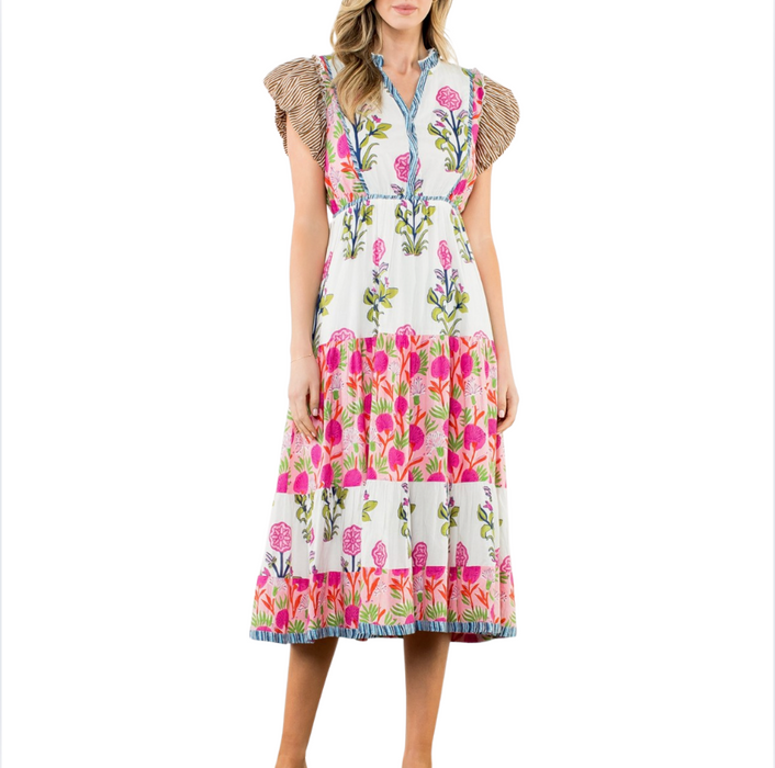 Flutter Sleeve Flower Maxi Dress