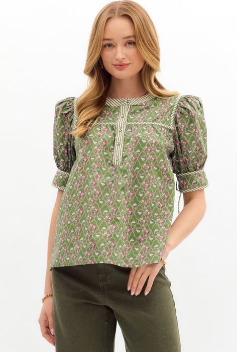Floral & Stripe Top Green