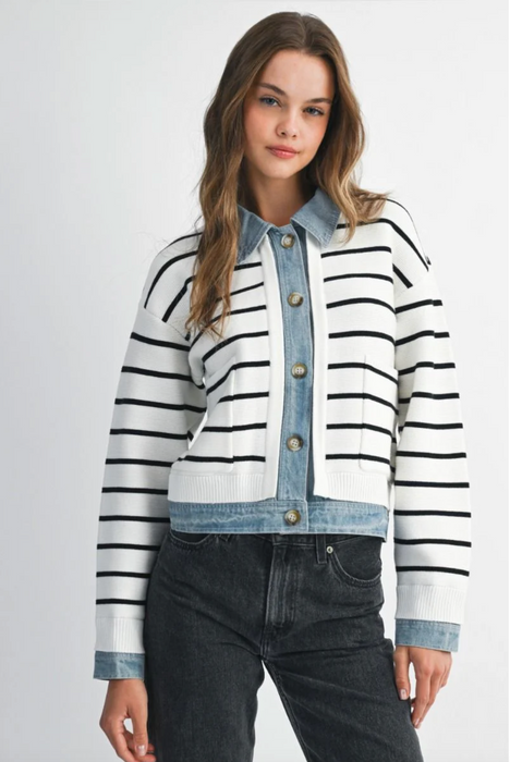Stripe Knit Denim Cardigan