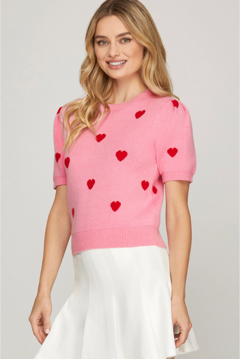 Puff Sleeve Heart Pattern Sweater