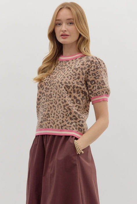 Short Sleeve Sweater Top W/Collar Trim Camel/Pink