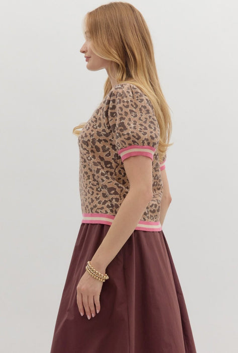 Short Sleeve Sweater Top W/Collar Trim Camel/Pink