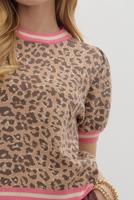 Short Sleeve Sweater Top W/Collar Trim Camel/Pink