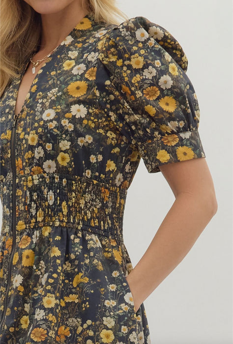 Floral Print Zip Jacket blk/ylw