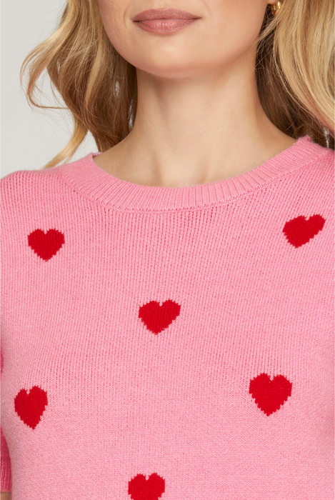 Puff Sleeve Heart Pattern Sweater