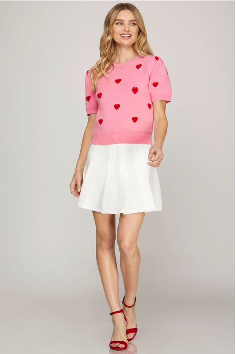 Puff Sleeve Heart Pattern Sweater