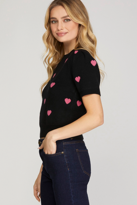 Puff Sleeve Heart Pattern Sweater