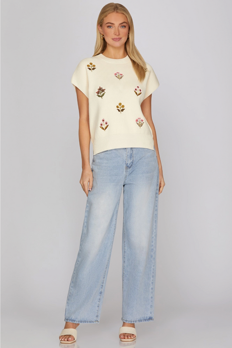 Drop Shoulder Embroidered Sweater
