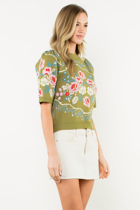 Floral Top SS Green & Pink