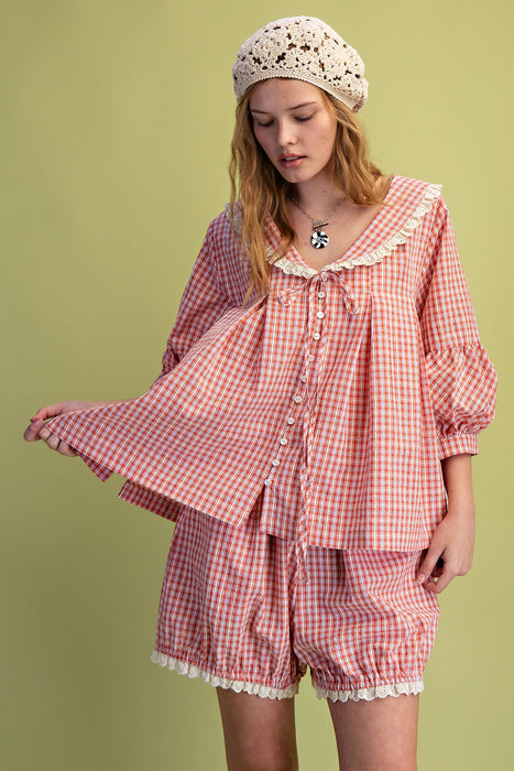 Plaid Pattern Button Top with Lace
