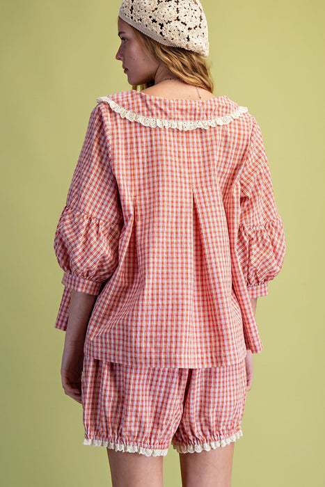 Plaid Pattern Button Top with Lace