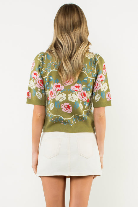 Floral Top SS Green & Pink