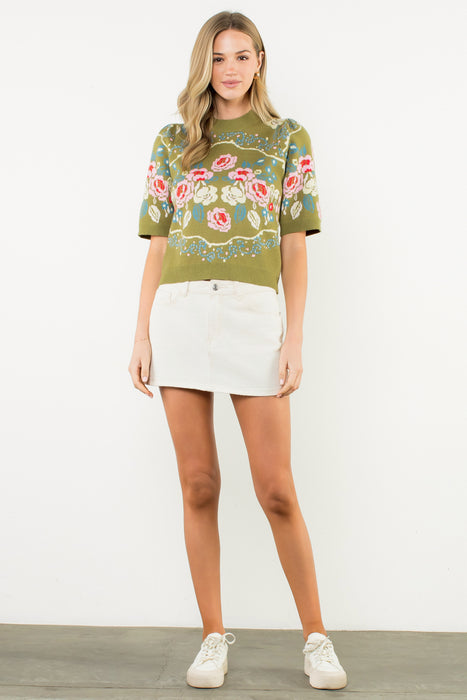 Floral Top SS Green & Pink
