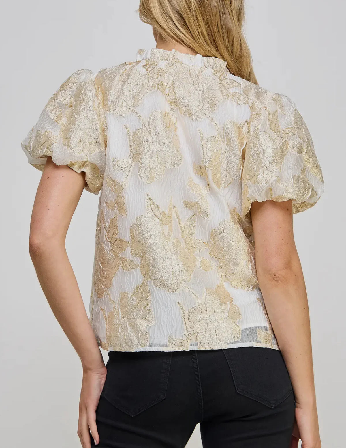 GOLD FOILED V-NECK PUFF SLEEVE TOP