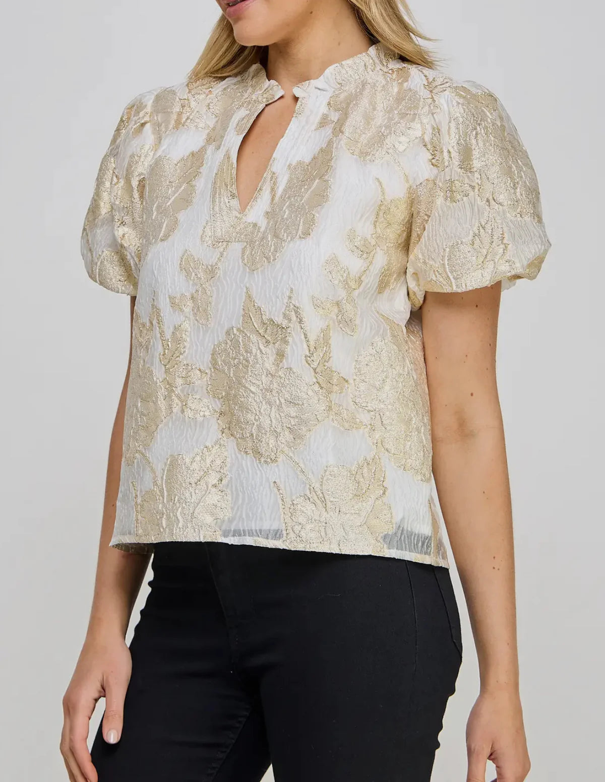 GOLD FOILED V-NECK PUFF SLEEVE TOP