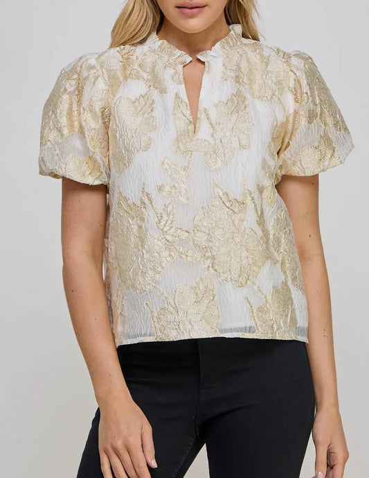 GOLD FOILED V-NECK PUFF SLEEVE TOP