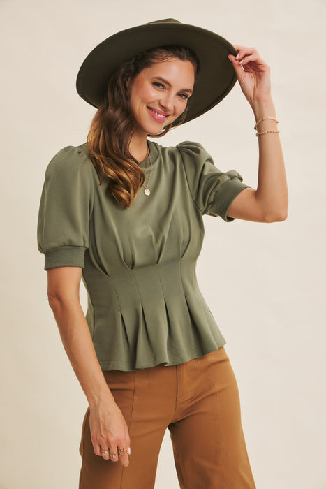 Pleated Waist Puff Sleeve Top