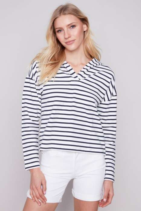 V Neck Striped Hoodie