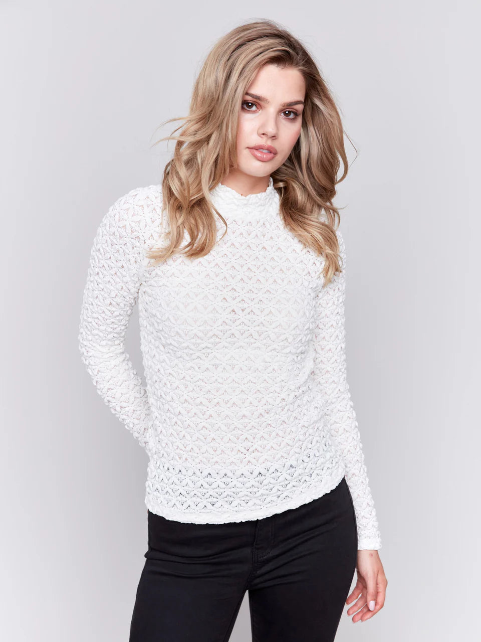 STRETCH LACE MOCK NECK TOP