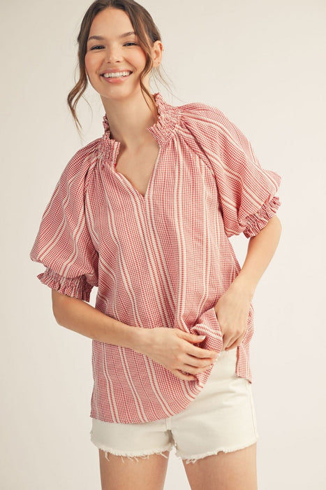 Ruffle Neck Puff Sleeve Blouse