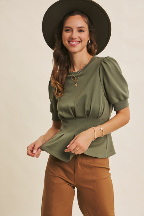 Pleated Waist Puff Sleeve Top
