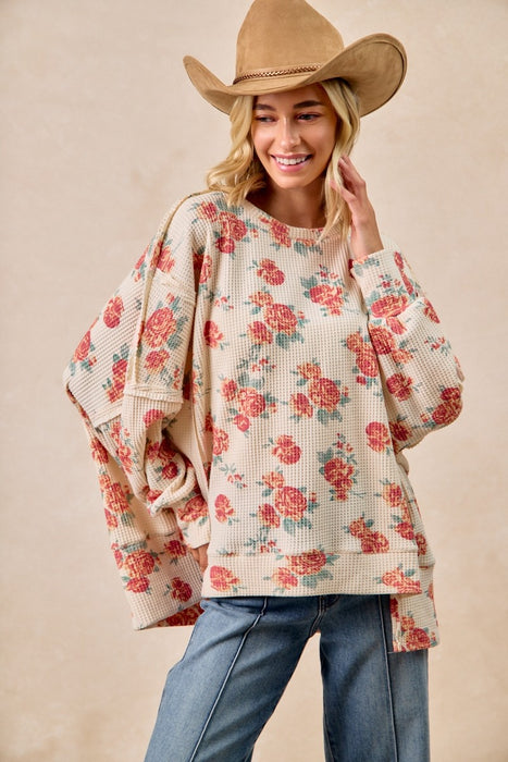 Floral Cut Edge Oversized Waffle Sweatshirt