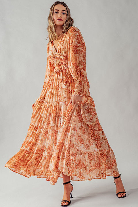 Orange Floral Button Detail Dress