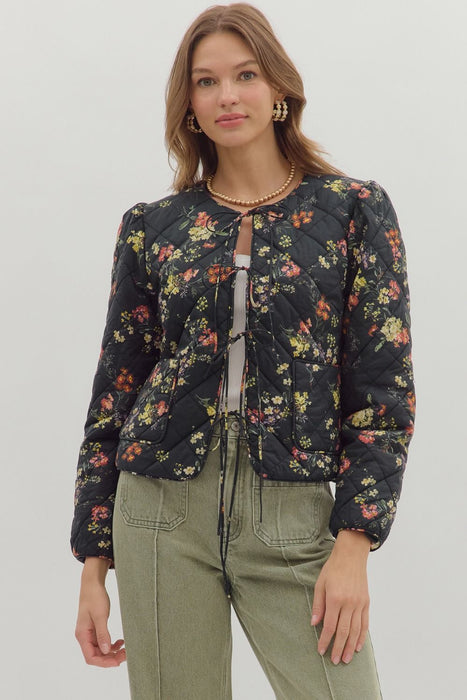 Front Tie Quilted Floral Jacket