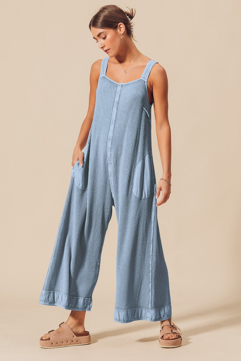 THERMAL WAFFLE WIDE LEG OVERALLS