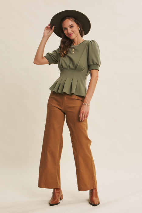 Pleated Waist Puff Sleeve Top