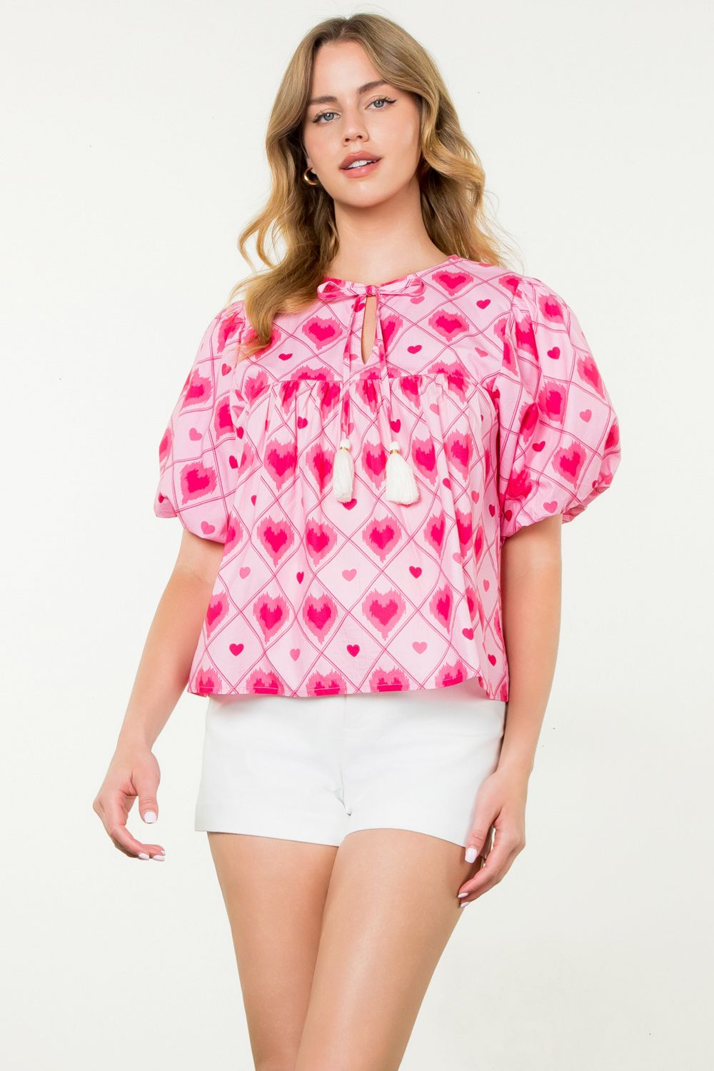 PUFF SLEEVE HEART PRINT TOP