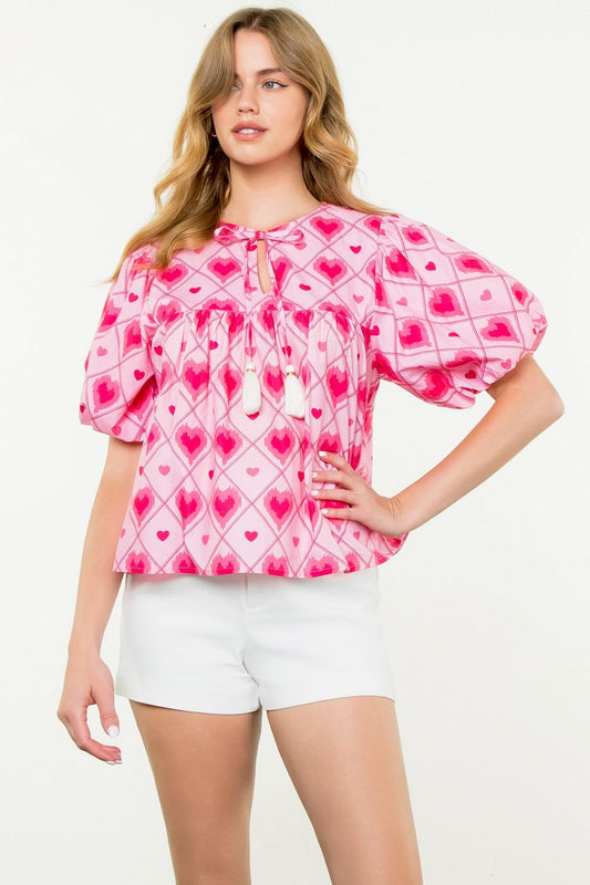 PUFF SLEEVE HEART PRINT TOP