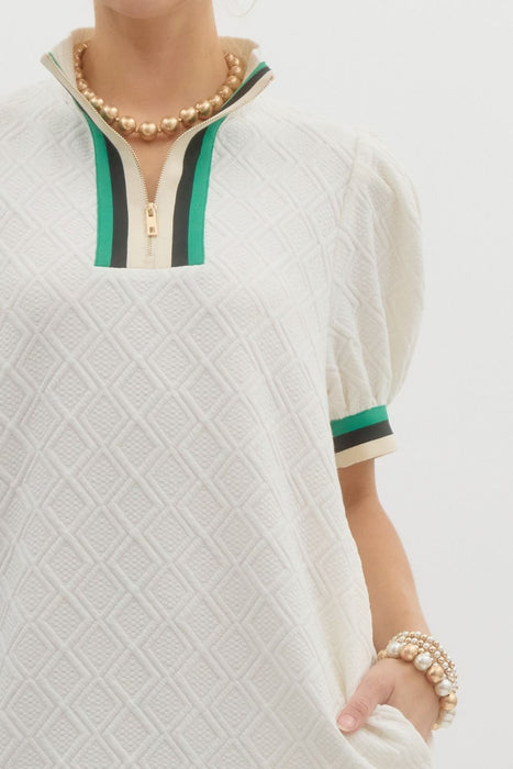 Textured zip stripe collar dress cream