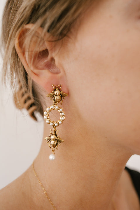 Bee W/ Pearl Dangle Earrings